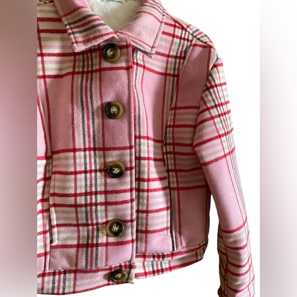 Bubble gum pink and red plaid button up coat with a faux fur lining - Picture 2 of 6